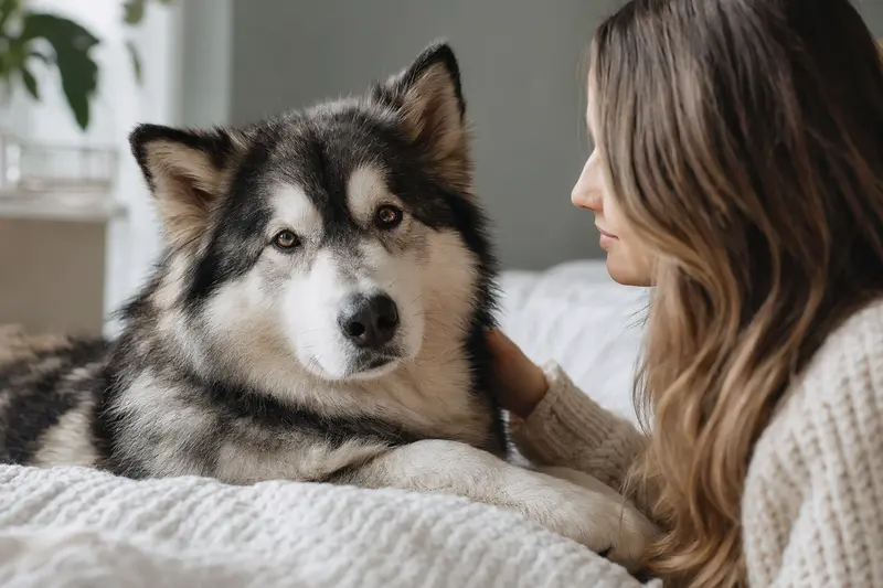 Ein Alaskan Malamute mit aufmerksamem Blick, der in weichem Licht freundlich in die Kamera schaut.